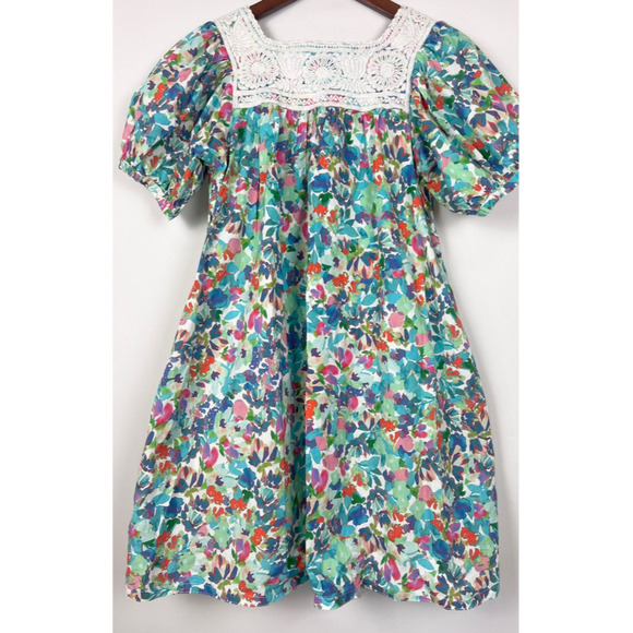 Mi Golondrina Maria Turquesa Dress S Floral Embroidered Square Neck Puff Sleeve - Picture 10 of 10